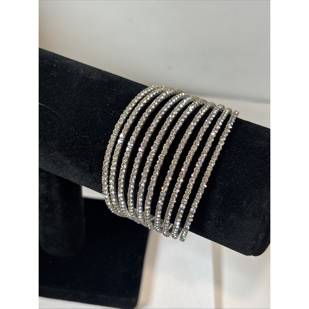 Wide Rhinestone Cuff Bracelet Silver Tone Multi Row Crystal Open Bangle Glam